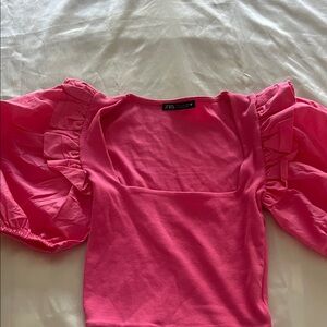 Zara Hot Pink Square-Neck Puff Sleeve Crop Top